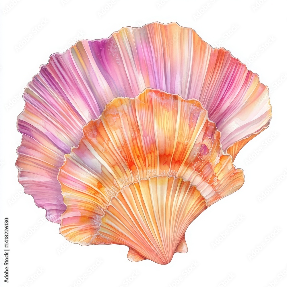 Fototapeta premium A watercolor illustration of two overlapping scallop shells on white background