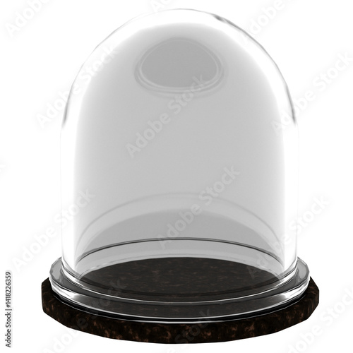 3d render glass dome dark wood base with transparent background