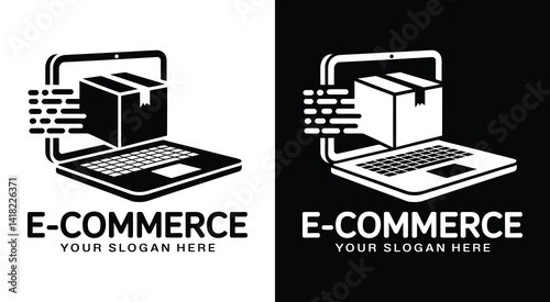 Bold black logo with a laptop and box icon crafted for ecommerce platforms online retail brands and businesses focused on digital product sales and fulfillment