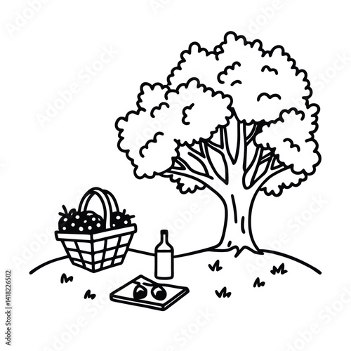 Black And White Picnic Illustration Featuring Basket Of Fruits Bottle And Tree On A Grassy Hillside