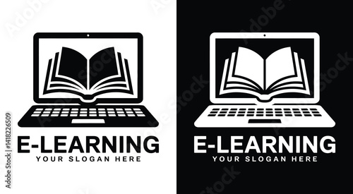 Bold black logo with a laptop and book icon designed for e-learning platforms online education providers and knowledge-sharing businesses and services