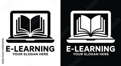 Bold black logo featuring a laptop and book icon designed for e-learning platforms online educators and digital knowledge-based services