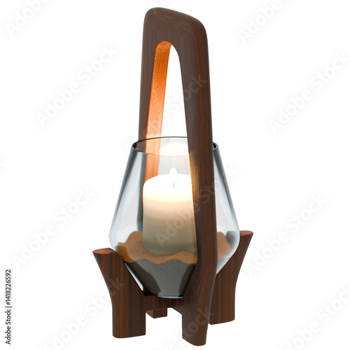 3d render wooden glass candle holder with transparent background