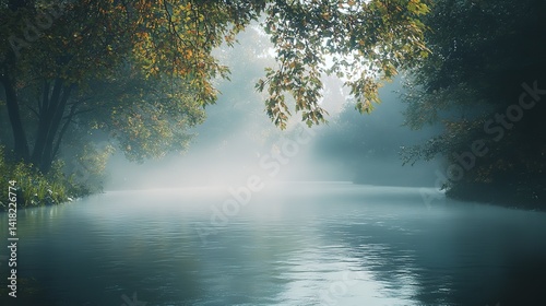 Serene Autumn River Mist Peaceful Nature Scene Tranquil Water Landscape Misty Morning Foggy Woods Picturesque Fall Scenery Beautiful Calm Riverbank   