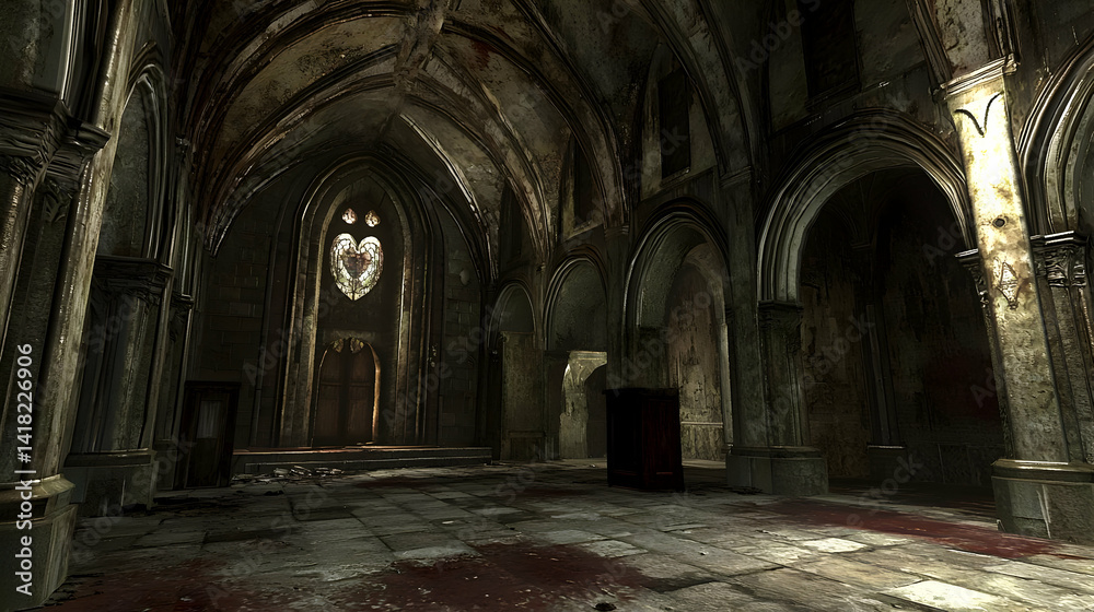 Obraz premium Ruined Gothic Church Interior With Sunlight