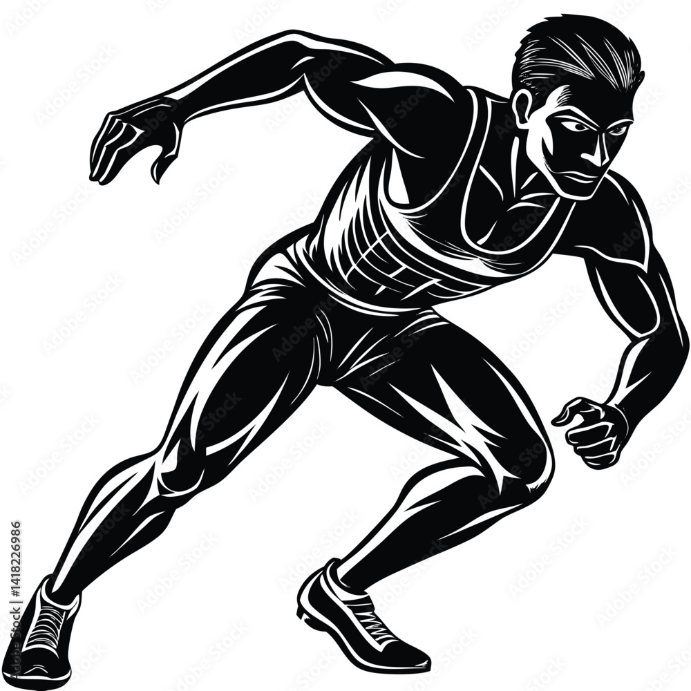 Fototapeta premium Muscular Male Sprinter in Running Stance Black and White Illustration