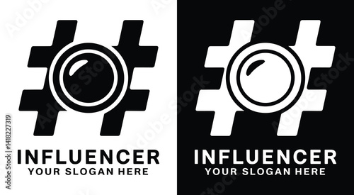 Bold black logo with a camera and hashtag combo ideal for influencer agencies social media strategists and branding professionals focused on engagement and reach