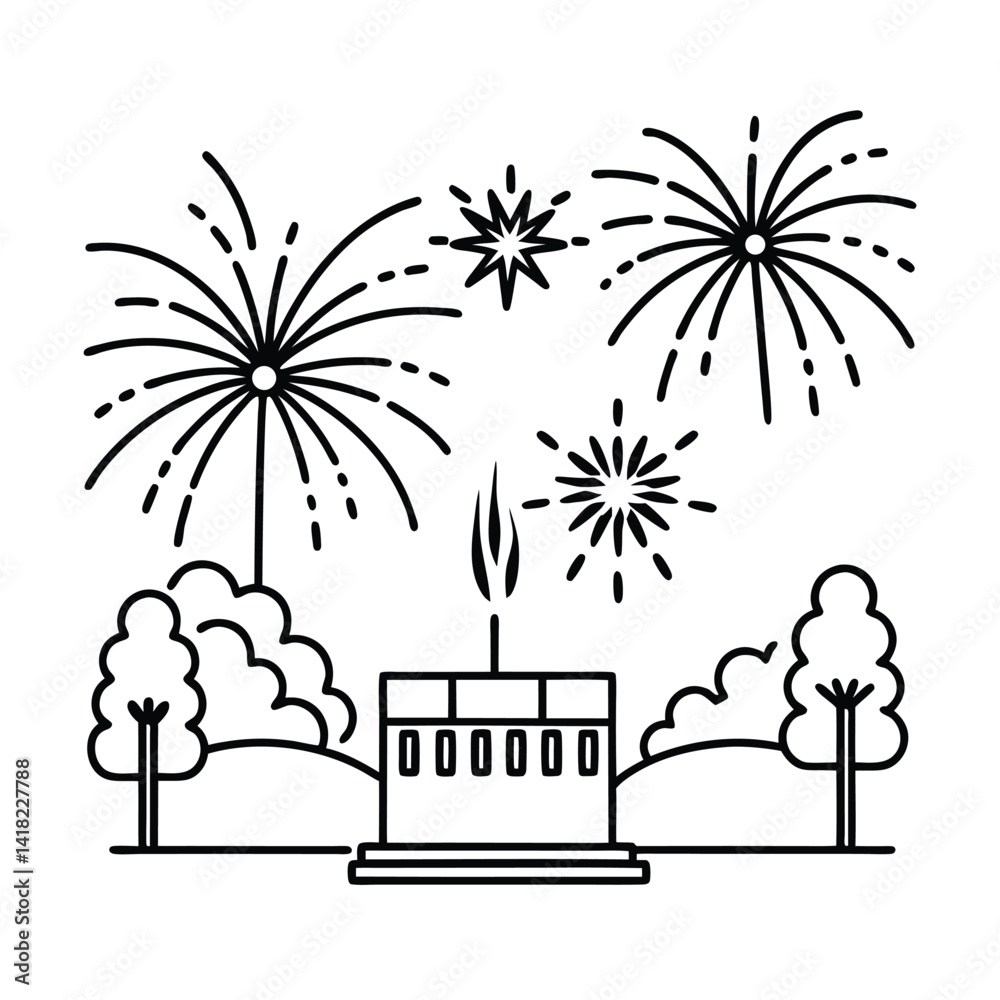 Naklejka premium Minimalist Illustration Of Fireworks Over A Landmark Building Surrounded By Trees In Black And White Style
