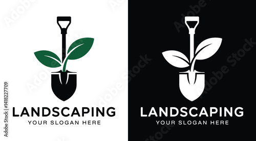 Professional shovel and leaf logo for landscapers representing garden transformations and sustainable outdoor designs