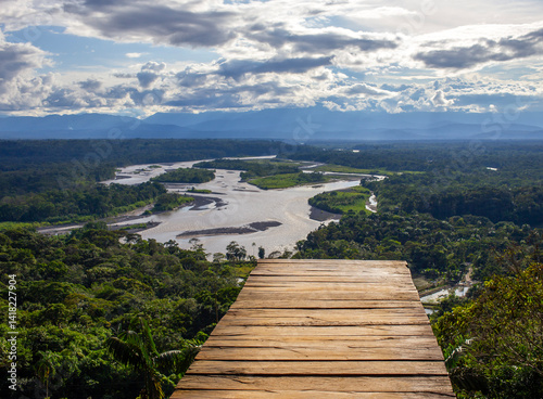 Panoramic view of the Pastaza River from the Indichuris viewpoint in the Ecuadorian Amazon. 