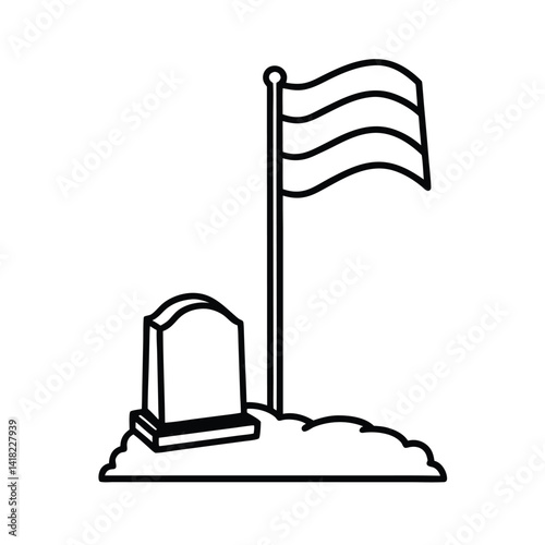 Memorial Day Line Art Illustration Honoring Fallen Heroes With Grave And American Flag Silhouette Remembering Sacrifice