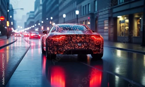 Rainy city street with car's rear view.