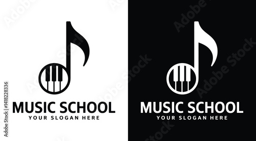 Elegant musical note and piano key logo for music academies representing comprehensive instruction and artistic development