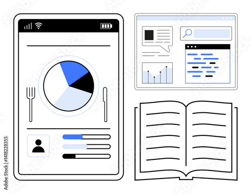 Tablet with dietary chart and analytics, browser research window, and open book. Ideal for education, research, health tracking, technology, business insights, learning tools simple landing page