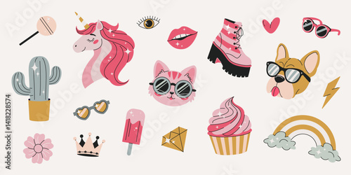 Set of different modern stickers for scrapbooking, collages, girly prints, diary and planners designs. Isolated elements and symbols. Unicorn, dog, cat, cactus, rainbow, crown, diamond. Vector clipart