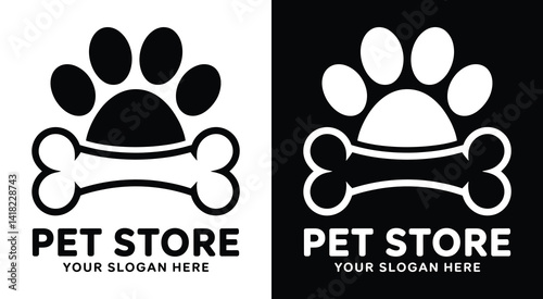 Playful paw and bone logo for pet shops representing quality supplies and loving care for dogs cats and small animals