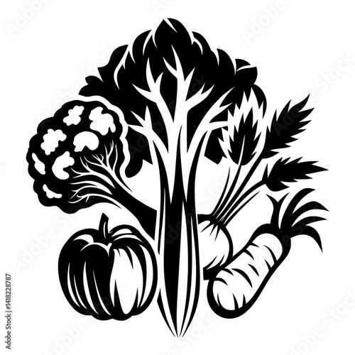 Monochrome Vegetables Group Illustration with Pumpkin, Celery, Carrot, and Broccoli Isolated