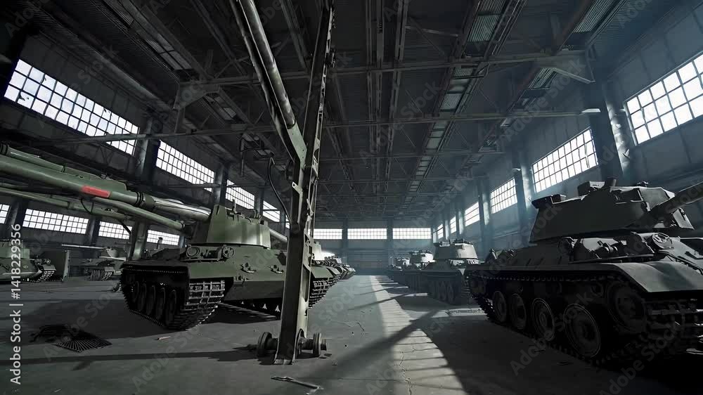 Abandoned Military Factory with Tanks and Sunlight Streaming In Abandoned Military Factory with Tanks and Sunlight Streaming In