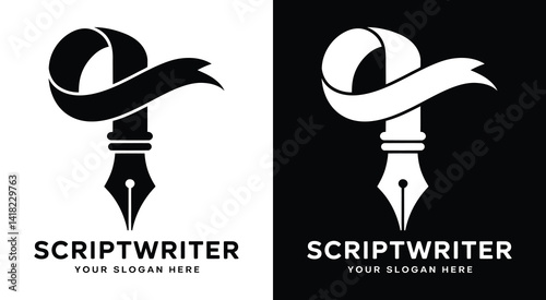 Classic scroll and fountain pen logo for screenwriters representing powerful storytelling and character-driven scripts