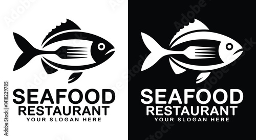 Classic fish and fork logo for seafood restaurants and oyster bars perfect for fresh daily catches and coastal dining experiences
