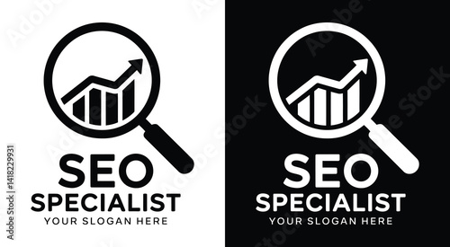 Professional magnifier and graph logo for SEO experts representing search visibility analysis and data-driven ranking improvements