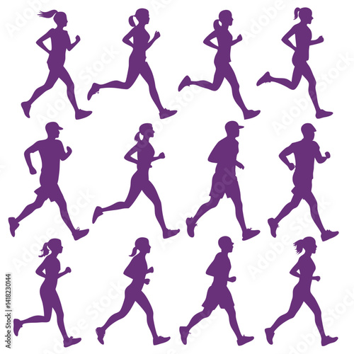 Twelve Silhouettes of Runners Jogging and Running