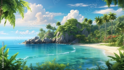Aerial view of a tropical beach with soft golden sand meeting a clear turquoise sea.
