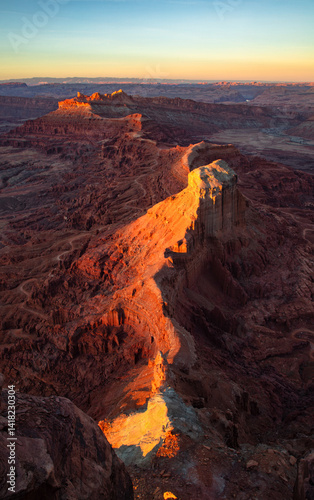 Sunset on the rugged canyon desert topography from the Anticline overlook south of Moab Utah.