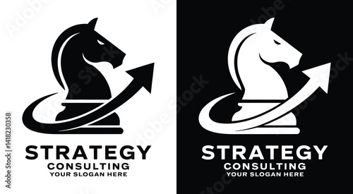 Bold black logo combining a knight chess piece and arrow icon crafted for strategy consultants businesses focused on direction vision and competitive positioning