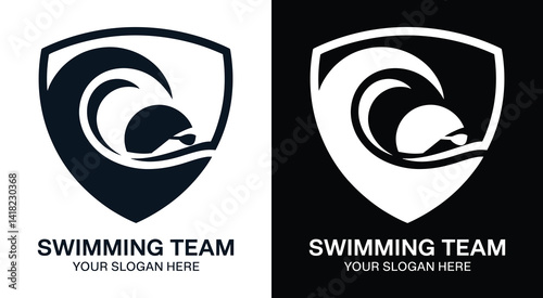 Dynamic wave and swimmer logo representing aquatic excellence and team spirit for competitive swimming programs