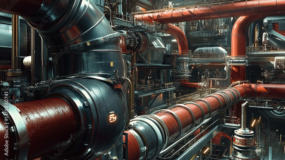Fototapeta premium Industrial Pipework Futuristic Factory Interior Design
