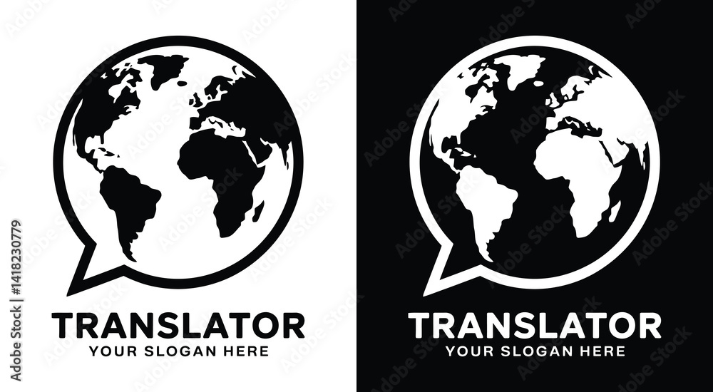 Obraz premium Modern globe and speech bubble logo for translators and linguists representing multilingual communication and localization expertise