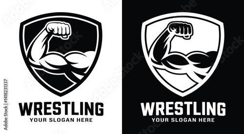 Powerful mat and arm emblem logo for wrestling teams and fans representing grappling takedowns and competitive spirit