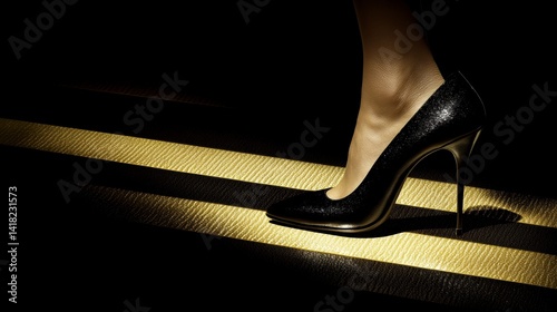Woman's Foot in Black Glitter High Heels Walking on Gold Path at Night