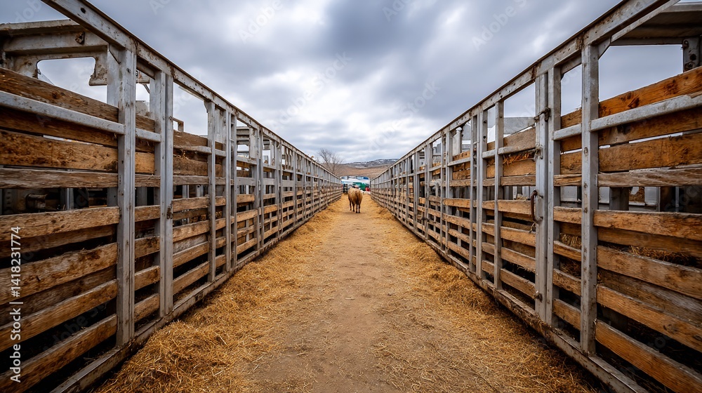 A long, straight passageway lined with wooden fences, leading to the horizon under a cloudy sky