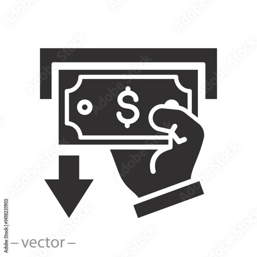 hand with dollars, withdraw cash money in atm icon, operation with take deposit, issuance of credit, flat vector illustration