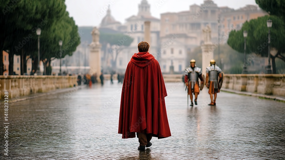 Fototapeta premium A person in a red cape walks away from the camera, with city and soldiers in the background