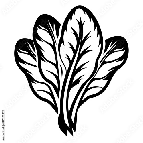Stylized black and white illustration of spinach or similar leafy greens