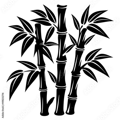 Stylized Bamboo Forest Illustration with Dark Silhouettes and Lush Green Leaves