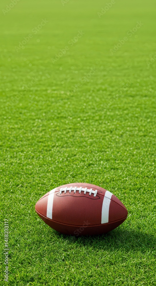 Obraz premium American football ball on vibrant green turf field for sport and game concept, great for active lifestyle, fitness, and championship celebration.