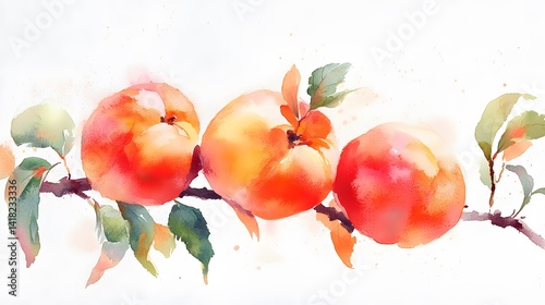 Watercolor Peaches on Branch.