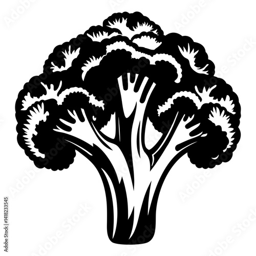 Stylized broccoli floret in simple black and white illustrative silhouette