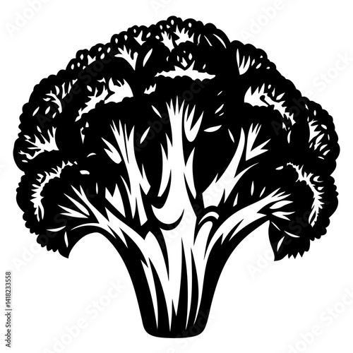 Monochrome illustration of a stylized broccoli floret against a white background