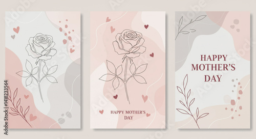 Minimalist Mother's Day card set with rose and abstract shapes – modern vector design