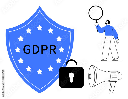 GDPR shield with stars, padlock, megaphone, man holding circle. Ideal for data privacy, cybersecurity, EU regulations, internet safety, policy communication tech ethics simple landing page