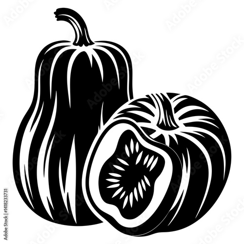 Graphic illustration of two pumpkins, one sliced, in black and white