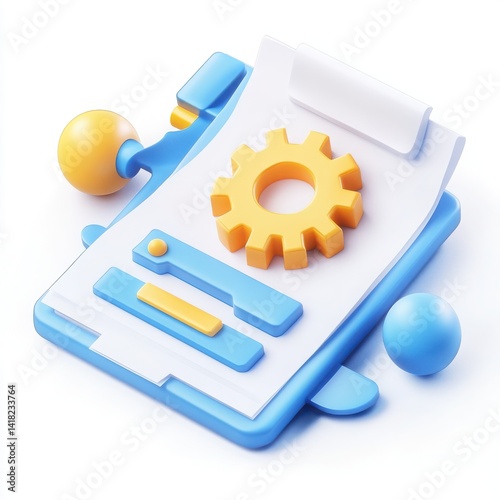 Clipboard with gear, bars, and spheres in a stylized render on white background