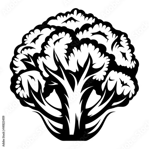 Stylized black and white vector illustration of a head of broccoli