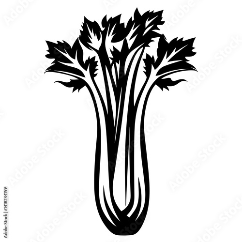 Elegant monochrome illustration of fresh celery stalk with leafy foliage on top