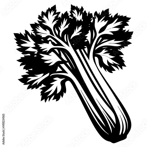 Monochrome drawing of a bunch of celery with detailed leaf structure